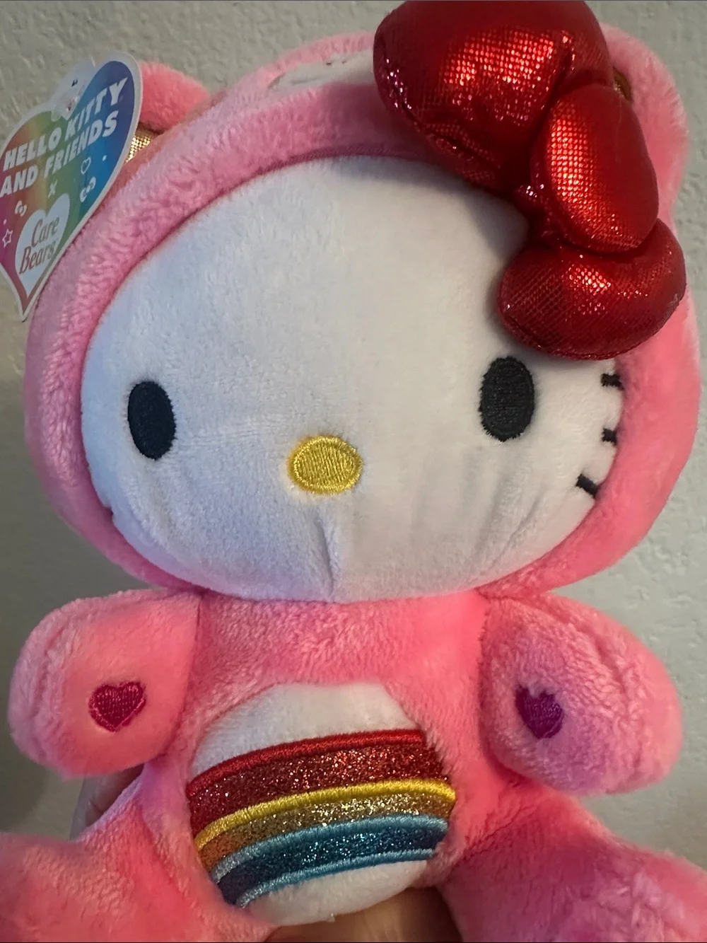 Hello Kitty Pink Plush with Red Shiny Bow and Rainbow Patch